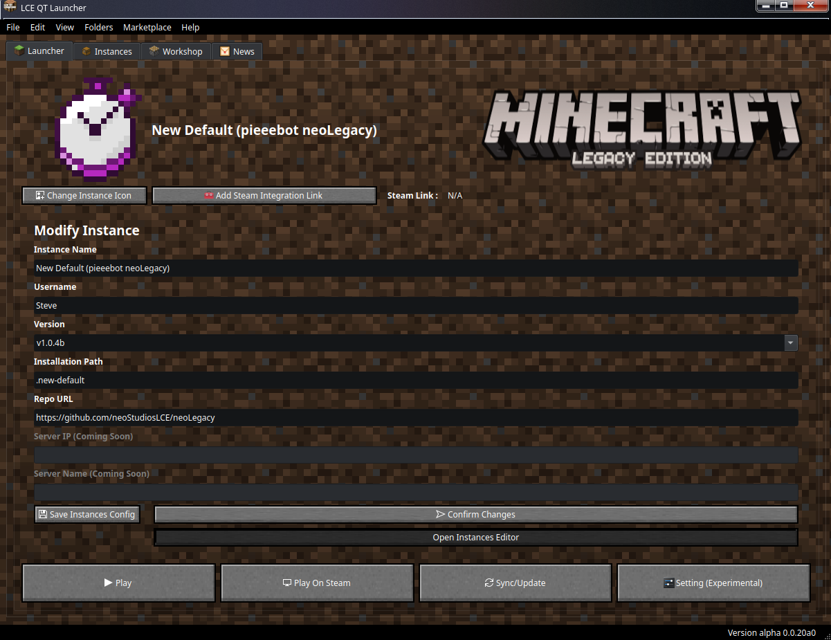 Screenshot of the launcher in version 0.0.20a0 of the launcher)